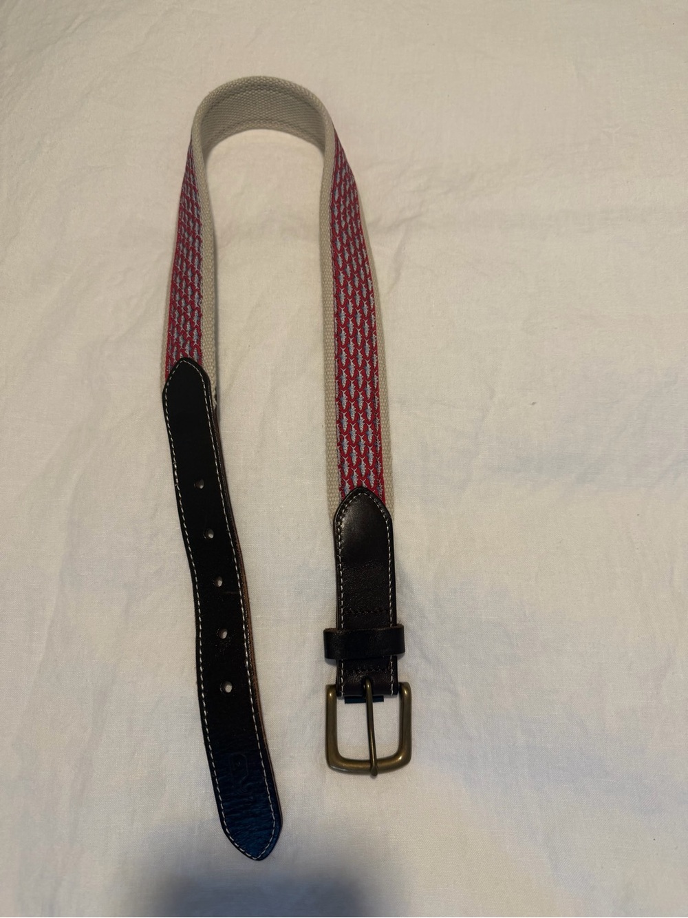 Vineyard Vines Men's Woven Pink & Cream Fabric Belt with Brown Leather Trim